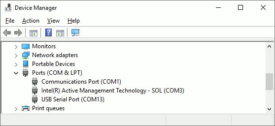 Using Windows Device Manager to identify a serial port